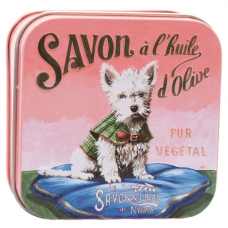 Savon en boîte métal, chien Westie La Boutique à Paris chez Soap and the City, savons, bougies, parfums, encens et peluches